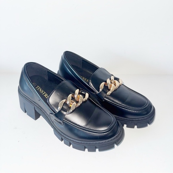 TINSTREE Platform Black Loafers Chain Sz 7 Chunky Heel Slip On Round Toe Shoes - Picture 2 of 14